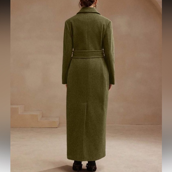 Luxury Long Pea Coat Belted Jacket Olive Green - Picture 2 of 8